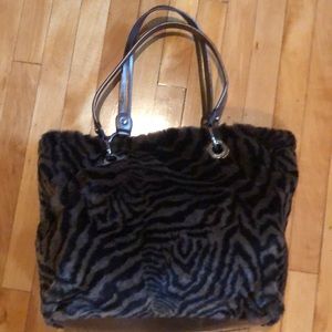 Makowski- big tote bag. Brown zebra print with copper handles and bottom.